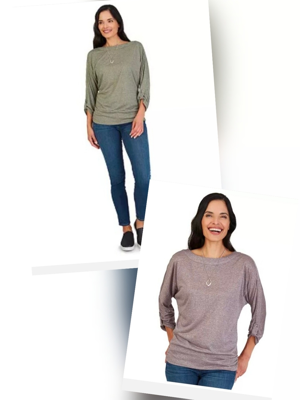 Two Petite Apt. 9 Necklace & Boatneck Dolman Tops - NWT in Olive & Rose Gold